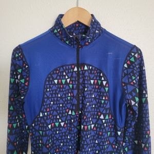 Geometric Print Activewear Stretch Mesh 1/4 Zip Mock Neck Blue Multi Top Shirt